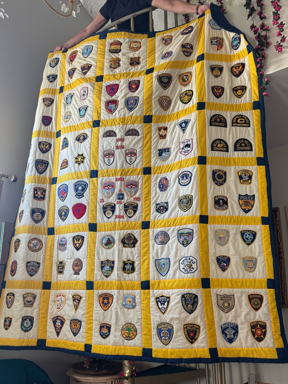 Handmade Patchwork Quilt with Yellow and Navy Accents